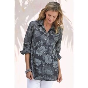 Soft Surroundings Gray Floral Button Down Shirt